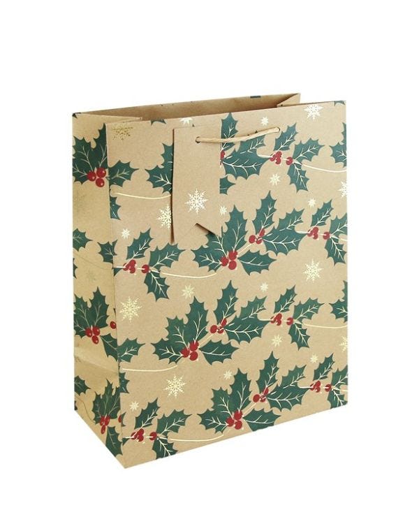 Kraft Holly Large Gift Bag - 33cm x 26.5cm
