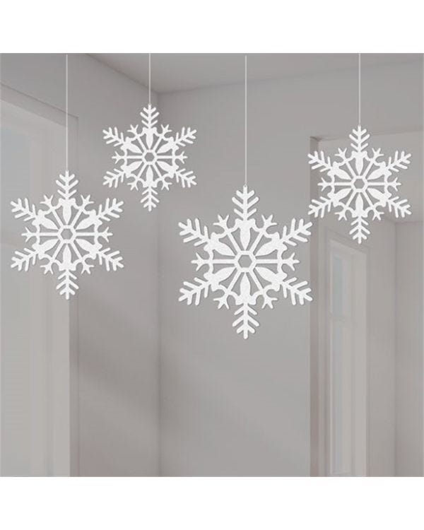 White Glitter Snowflake Hanging Decorations - 10cm (4pk)