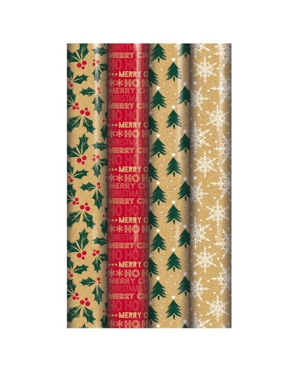 Eco Printed Kraft Wrapping Paper Roll 3m - Assorted Designs