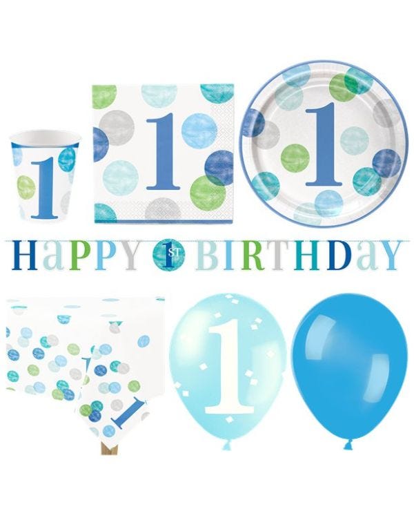Blue Dots 1st Birthday - Deluxe Party Pack for 16