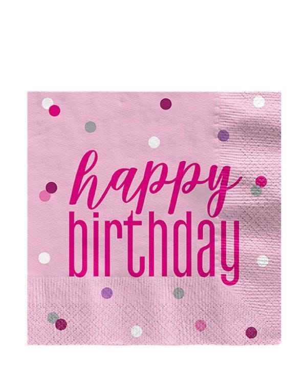 Pink Glitz Happy Birthday Paper Napkins - 33cm (16pk)