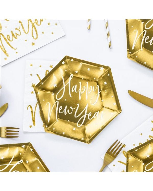Happy New Year Metallic Gold Paper Plate - 18cm (6pk)