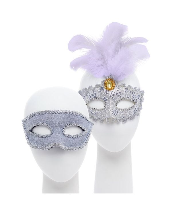 Silver and Feather Masquerade Masks for Couples