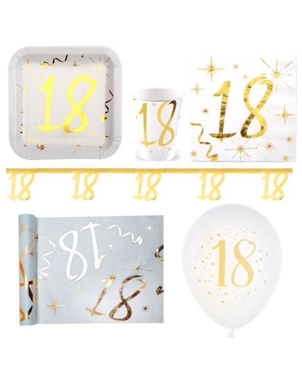 White &amp; Gold Sparkle 18th Birthday Party Pack - Deluxe