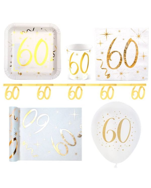 White &amp; Gold Sparkle 60th Birthday Deluxe Party Pack for 20