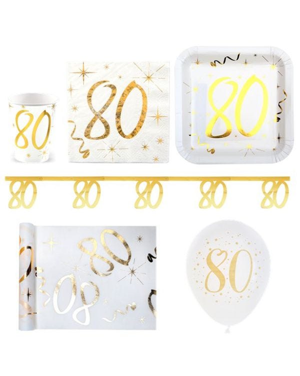 White &amp; Gold Sparkle 80th Birthday - Deluxe Party Pack for 30