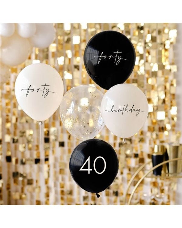Champagne Noir 40th Birthday Latex Balloon Bouquet (5pk)