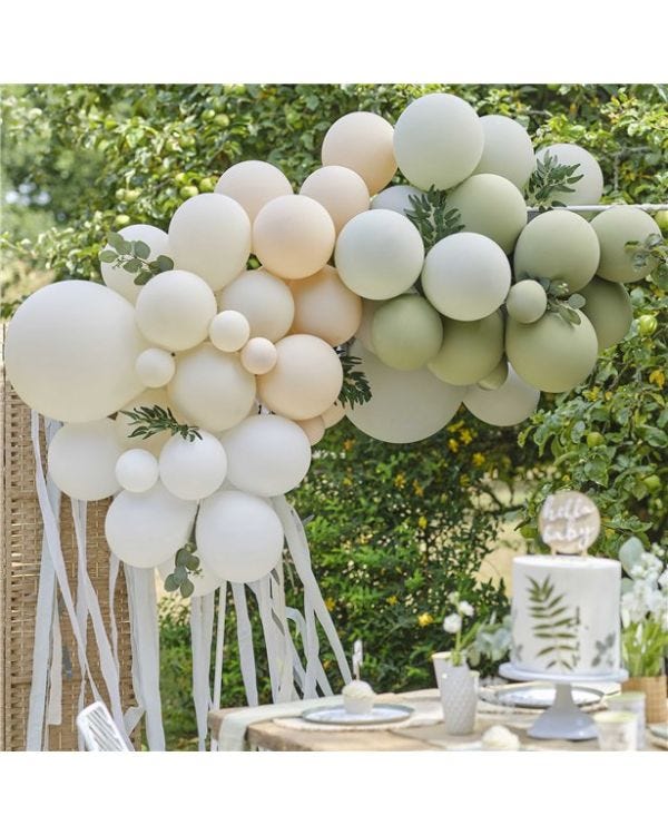 Green and Nude Balloon Arch with Streamers - 70 Balloons