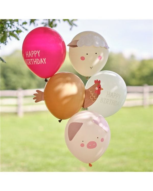 Farm Friends Latex Balloons With Card Faces (5pk)