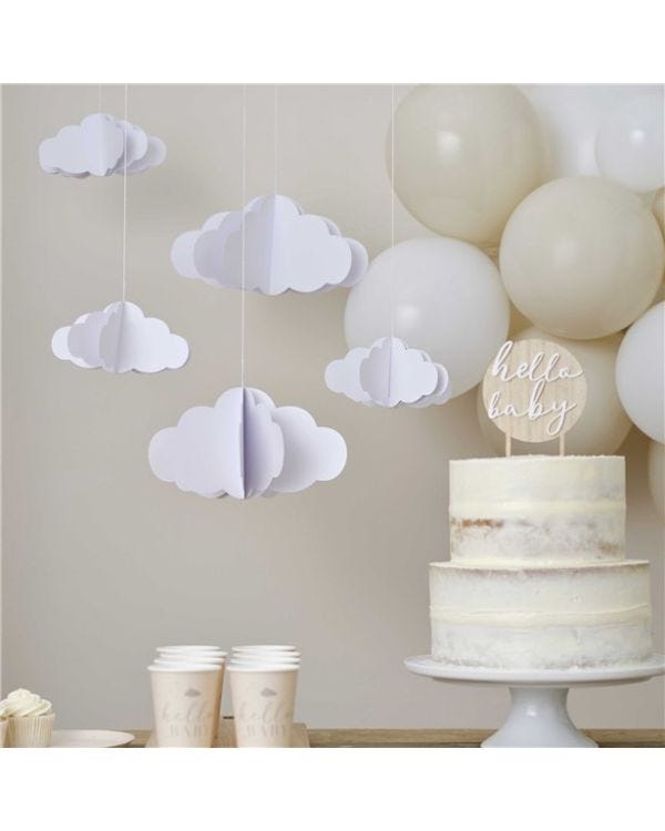 White 3D Clouds Paper Hanging Decorations (5pk)