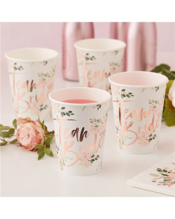 Floral Hen Party &#039;Team Bride&#039; Paper Cups - 255ml (8pk)
