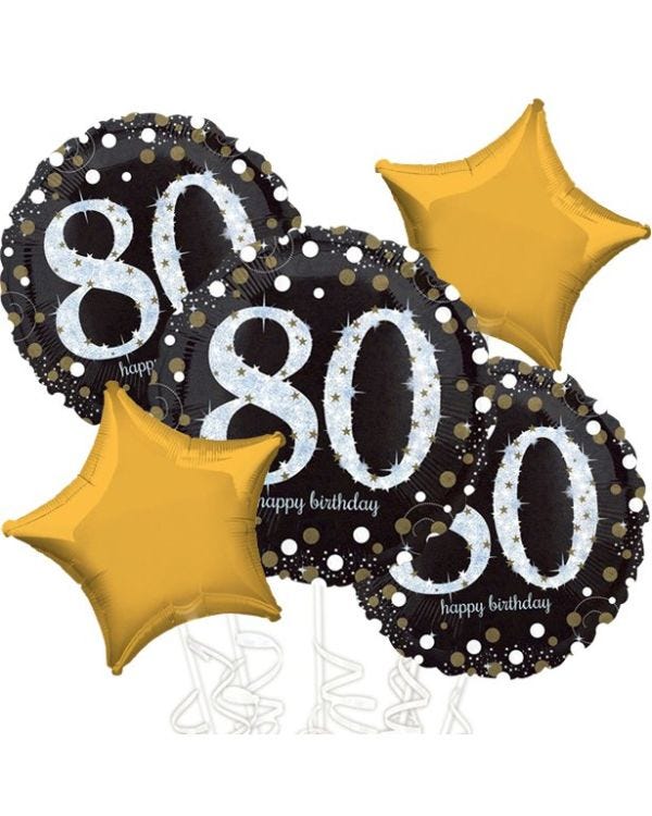 80th Birthday Gold Sparkling Celebration Balloon Bouquet - Assorted Foil 18&quot;