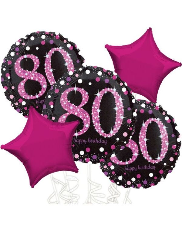 80th Birthday Pink Sparkling Celebration Balloon Bouquet - Assorted Foil 18&quot;