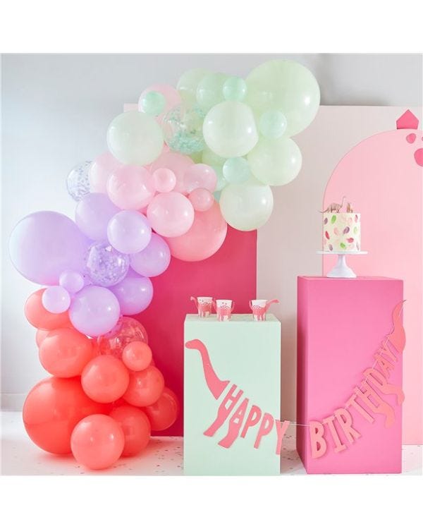Pink, Lilac, Pastel Green and Confetti Balloon Arch - 75 Balloons
