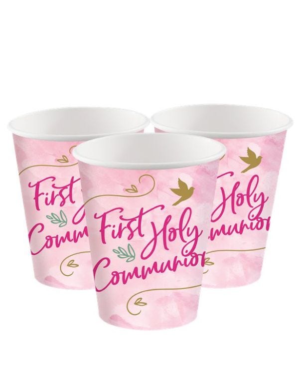 Pink 1st Communion Paper Cups - 250ml (8pk)