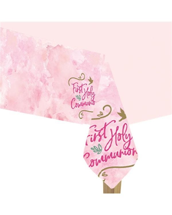 Pink 1st Communion Plastic Tablecover - 1.8m x 1.2m