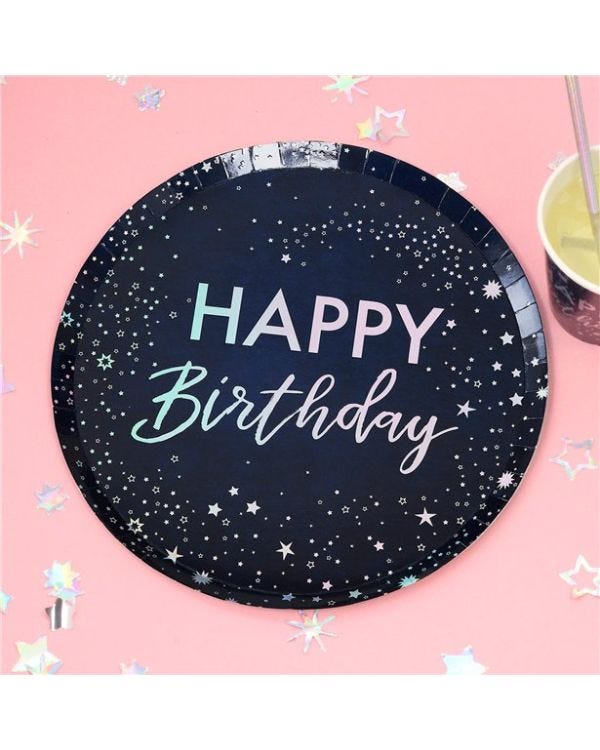 Iridescent Foiled &#039;Happy Birthday&#039; Paper Plates - 24.5cm (8pk)