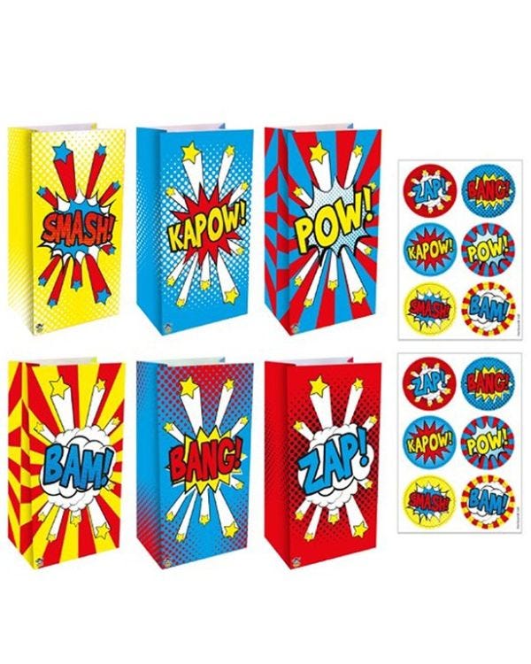 Comic Superhero Paper Bag with Stickers - 25cm (12pk)