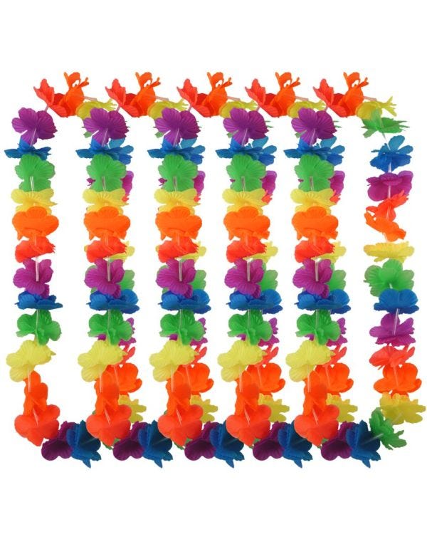 Multi Neon Rainbow Hawaiian Lei - 24 Pack