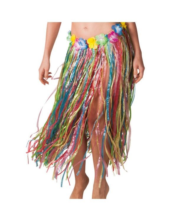 Multicoloured Hawaiian Long Grass Skirt - Adult