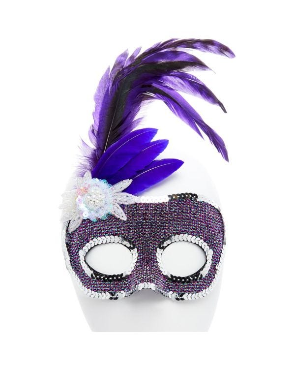 Purple Masquerade Mask with Side Feathers