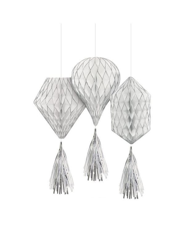 Silver Glitter Mini Honeycombs with Tassels - 30cm (3pk)