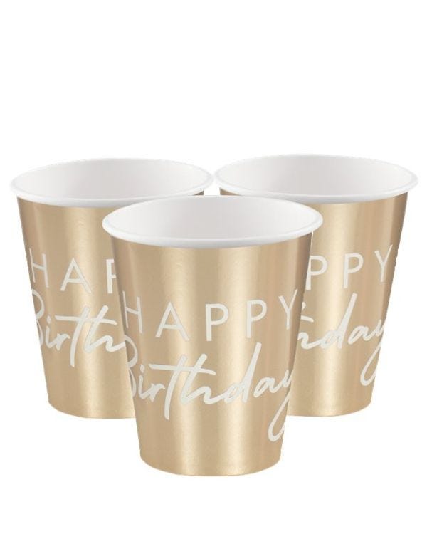 Gold Foil &#039;Happy Birthday&#039; Paper Cups - 255ml (8pk)