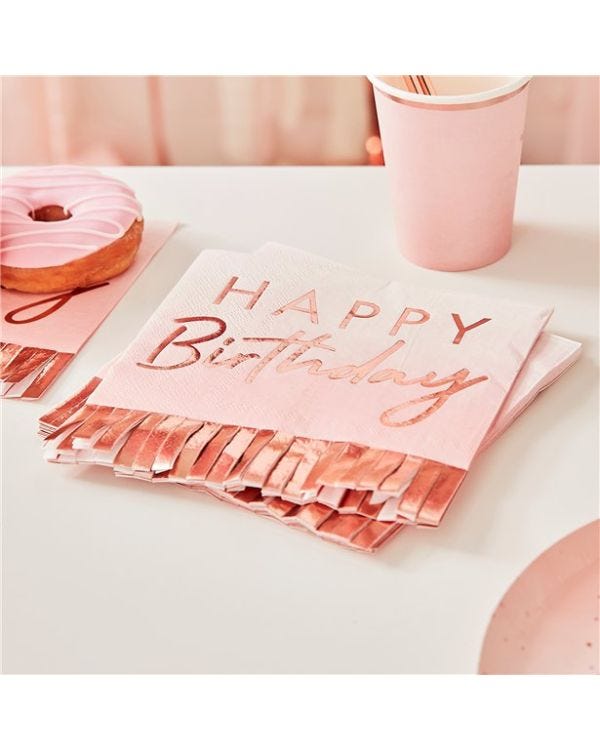 Mix It Up Happy Birthday Rose Gold Fringe Paper Napkins - 33cm (16pk)