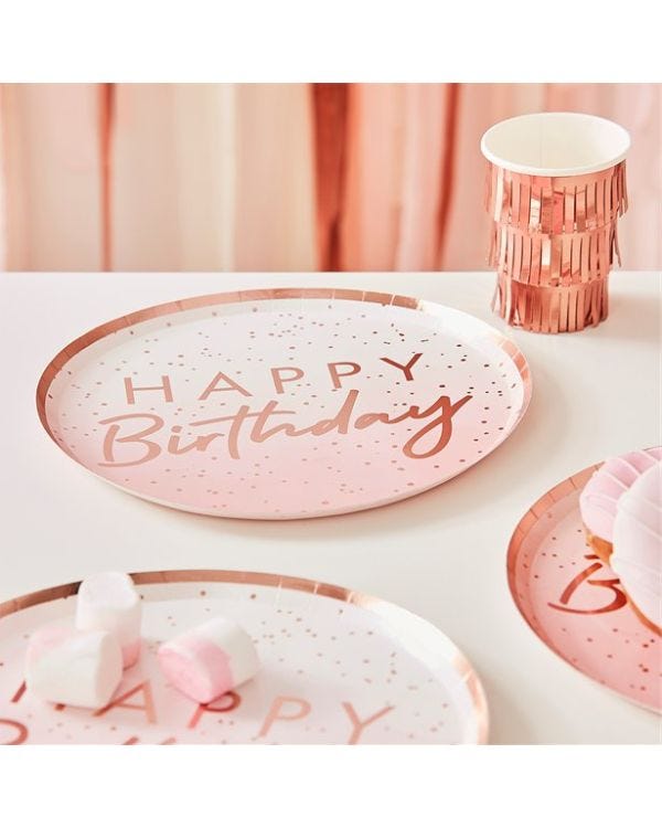 Mix It Up Happy Birthday Pink &amp; Rose Gold Paper Plates - 24cm (8pk)