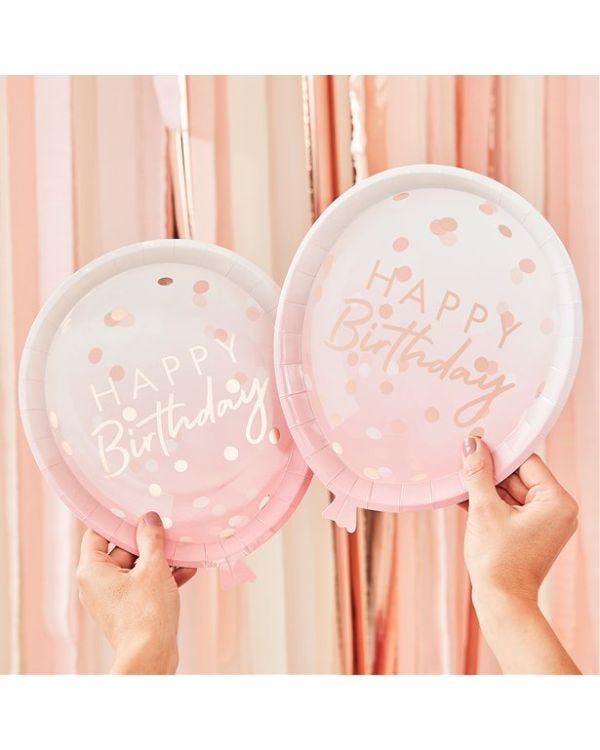 Mix It Up Happy Birthday Pink &amp; Rose Gold Balloon Shaped Paper Plates - 29cm (8pk)