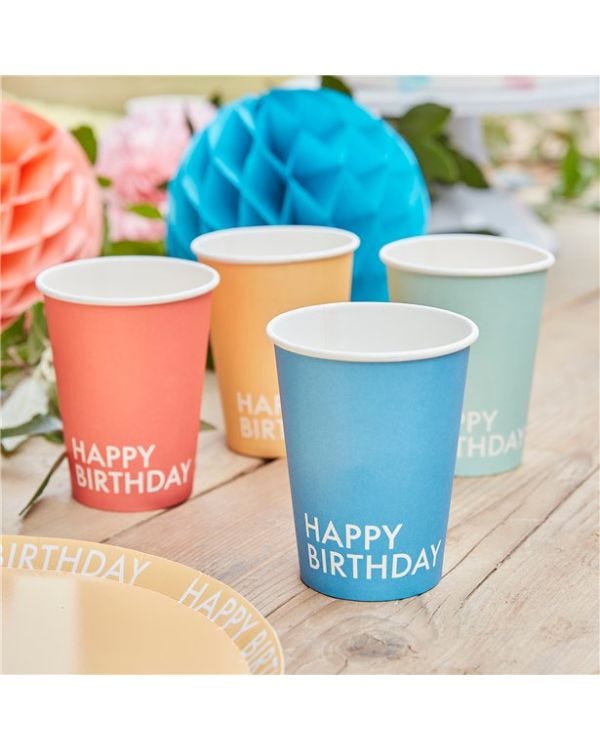 Mix It Up Brights Happy Birthday Eco Paper Cups - 266ml (8pk)