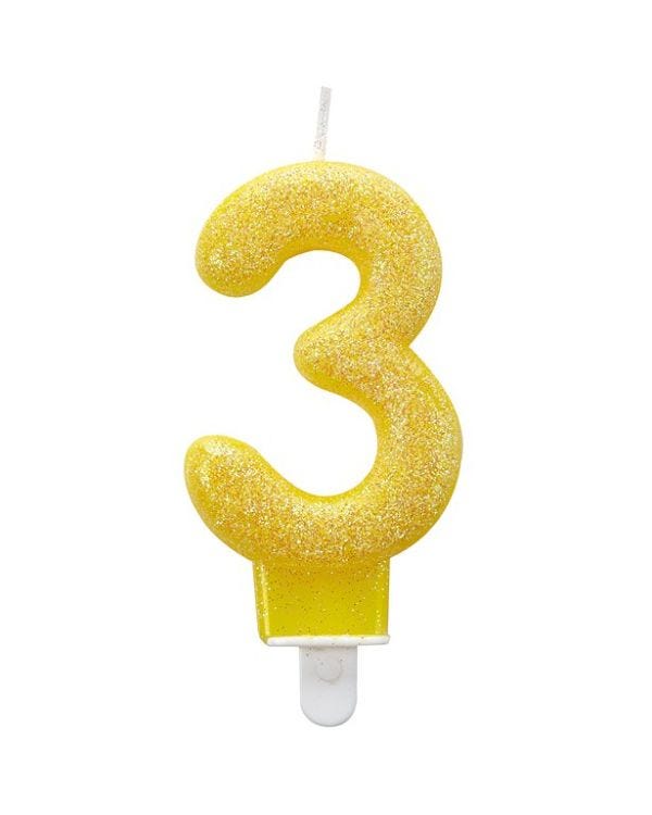 Yellow Glitter Number 3 Candle - 7.5cm