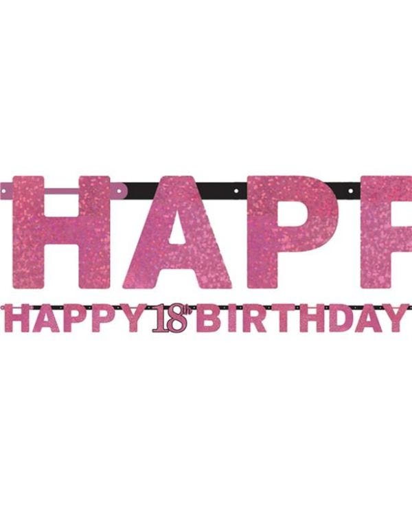 Pink &#039;Happy 18th Birthday&#039; Holographic Paper Letter Banner - 2m