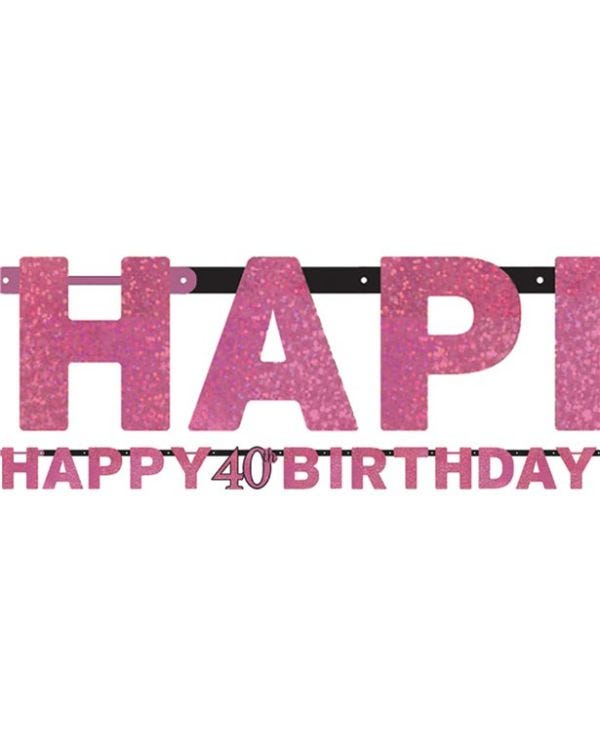 Pink &#039;Happy 40th Birthday&#039; Holographic Paper Letter Banner - 2m