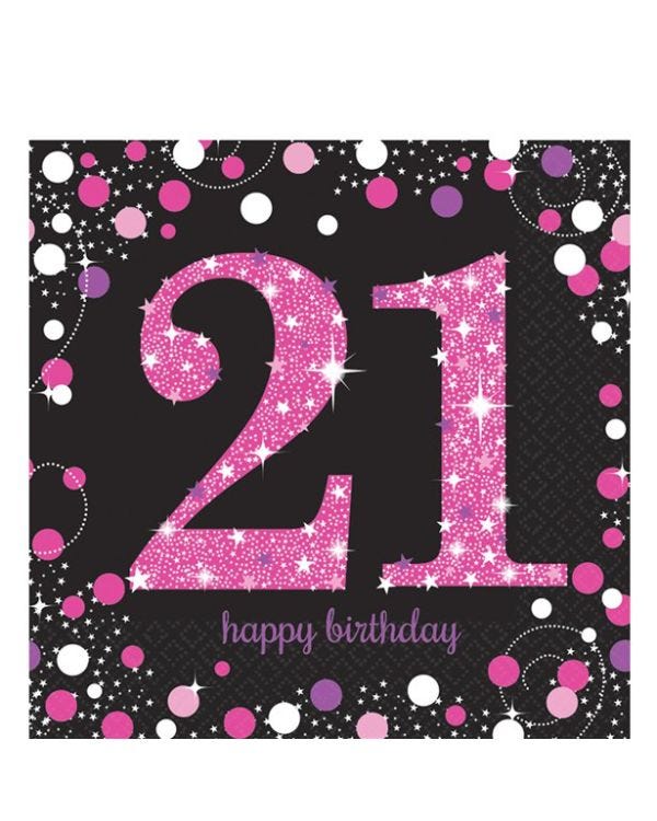 Pink Happy 21st Birthday Paper Napkins - 33cm (16pk)
