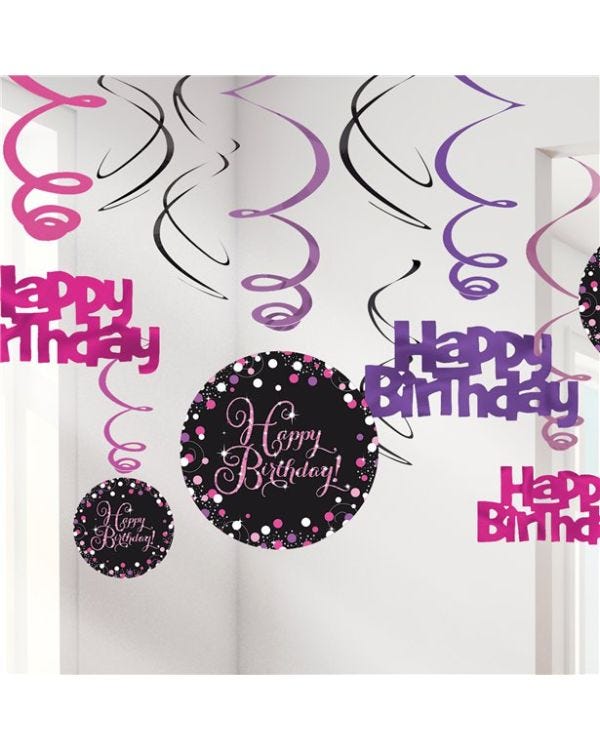 Pink Happy Birthday Hanging Swirls - 45cm (12pk)