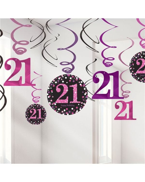 Pink Age 21 Hanging Swirls - 45cm (12pk)