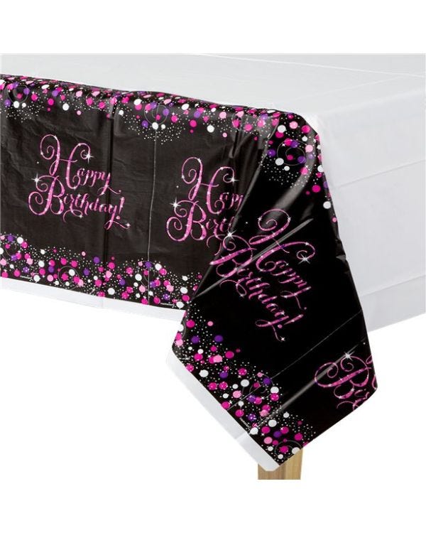 Pink Happy Birthday Plastic Table Cover - 1.4m x 2.6m