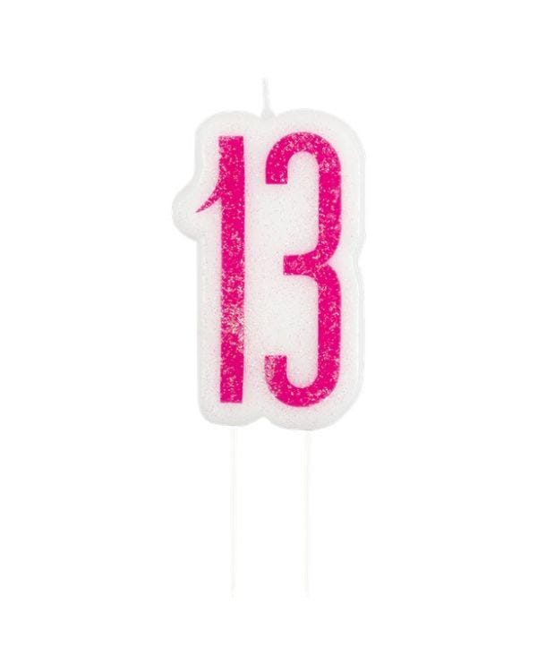 Pink Glitter Number 13 Candle - 7.5cm