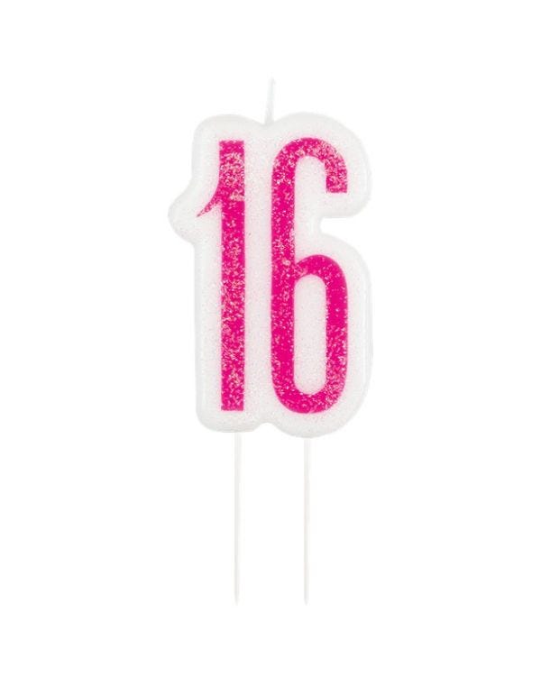 Pink 16th Birthday Glitter Candle - 9cm