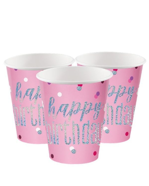 Pink Holographic &#039;Happy Birthday&#039; Paper Cups - 266ml (8pk)