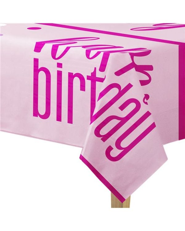 Pink &#039;Happy Birthday&#039; Plastic Table Cover - 1.37m x 2.1m