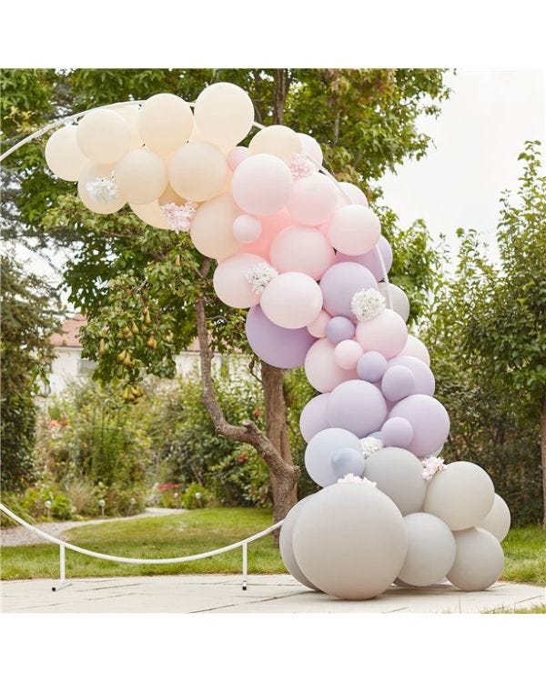 Pink &amp; Lilac Mix Balloon Arch with Hydrangea Flowers - 75 Balloons
