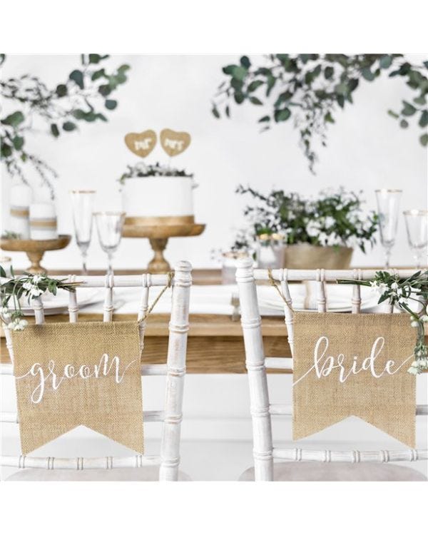 Bride &amp; Groom Rustic Hessian Chair Signs - 22cm (2pk)