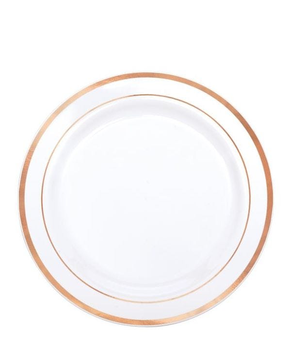 Premium White with Rose Gold Trim Plastic Dessert Plates - 19cm (20pk)
