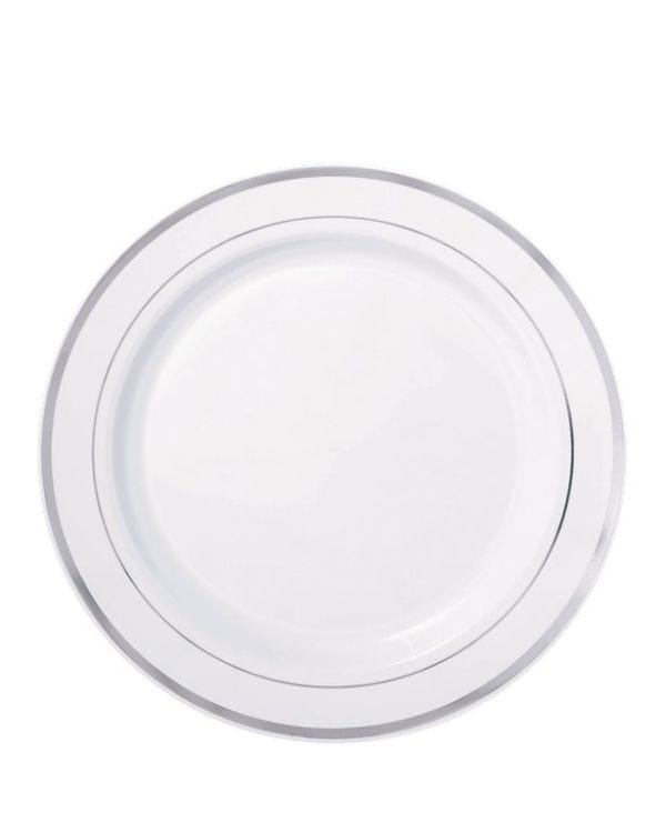 Premium White with Silver Trim Plastic Plates - 19cm (20pk)