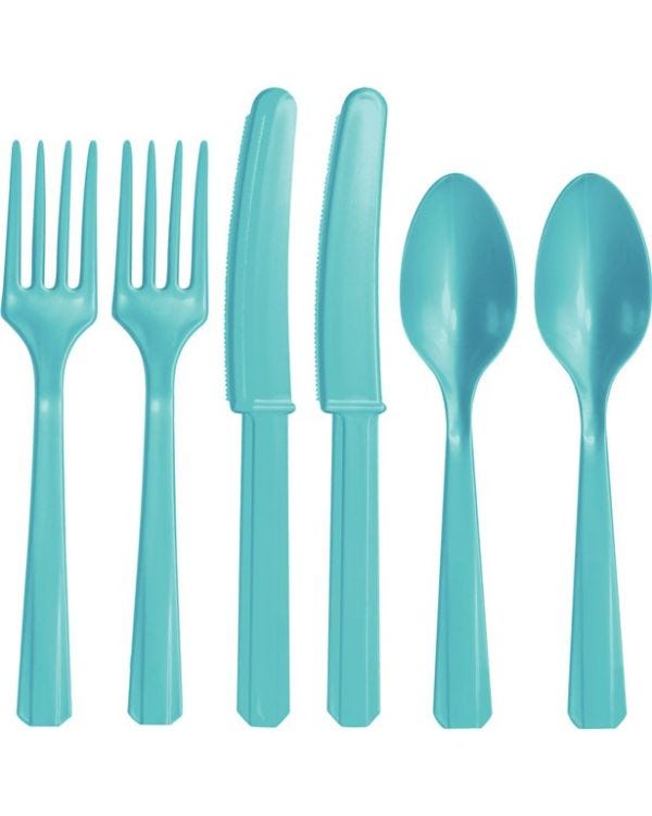Robin&#039;s-Egg Blue Reuseable Plastic Cutlery Set - 24pk