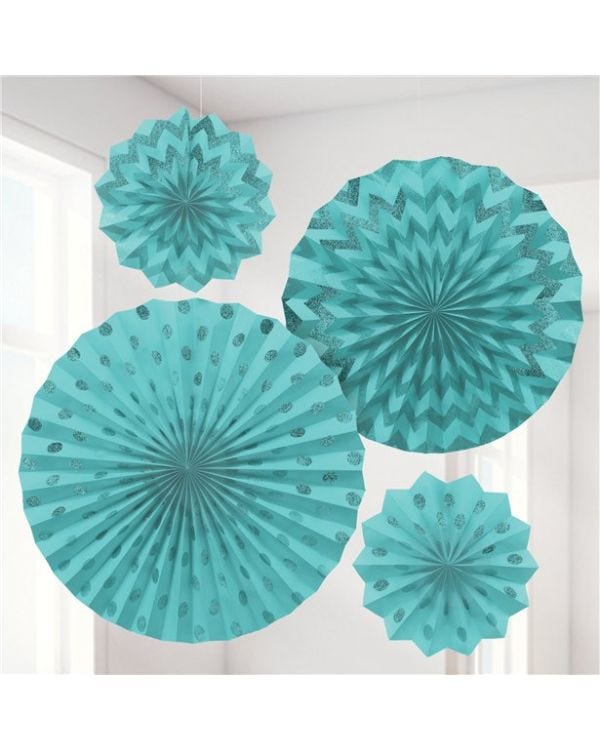 Turquoise Paper Glitter Fan Decorations (4pk)