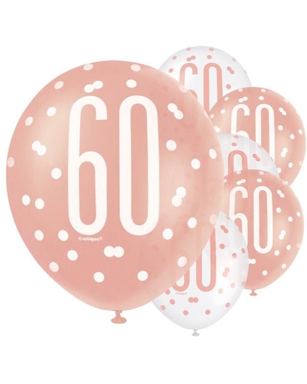 Rose Gold Glitz 60th Birthday Balloons - 12&quot; Latex (6pk)