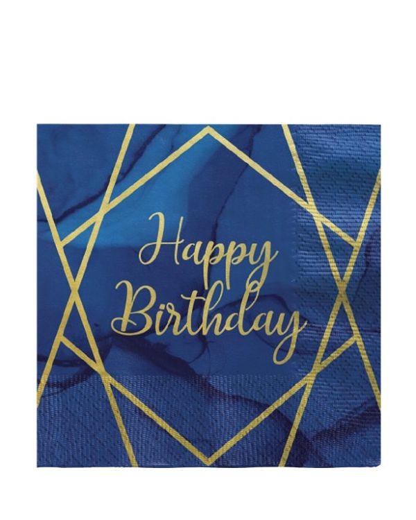Navy &amp; Gold Geode &#039;Happy Birthday&#039; Paper Napkins - 33cm (16pk)